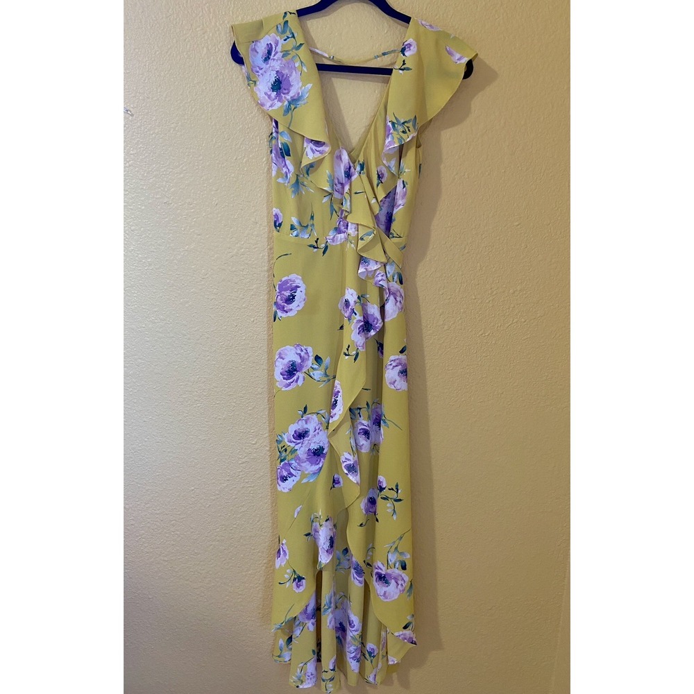 Leith Yellow Floral True Wrap Dress High Low Ruffle Front V-neck Size XS